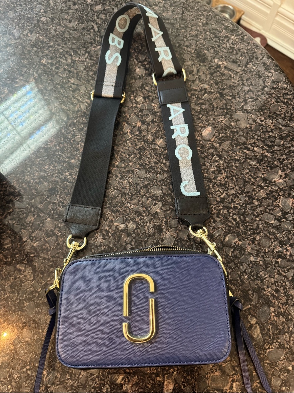 Marc Jacobs Navy Leather Snapshot Crossbody with Black Logo Strap